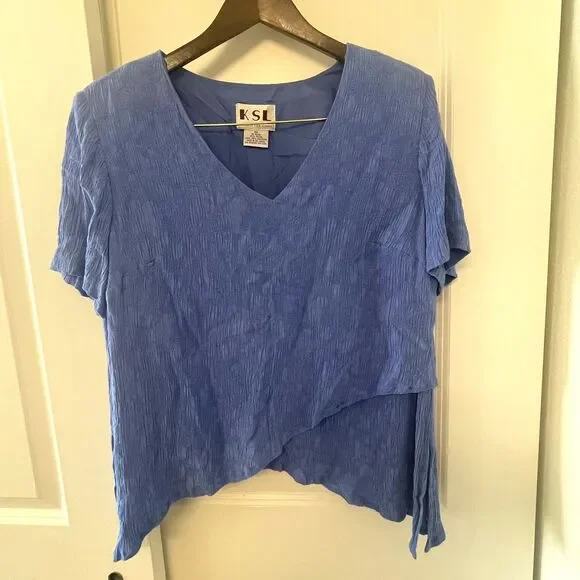 KSL Blue Textured Asymmetrical Blouse Women’s V-Neck Short Sleeve Top Size 16W - Picture 2 of 8